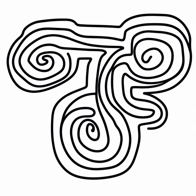 Bold continuous black line art of an abstract three-pronged spiral symbol on a plain white background