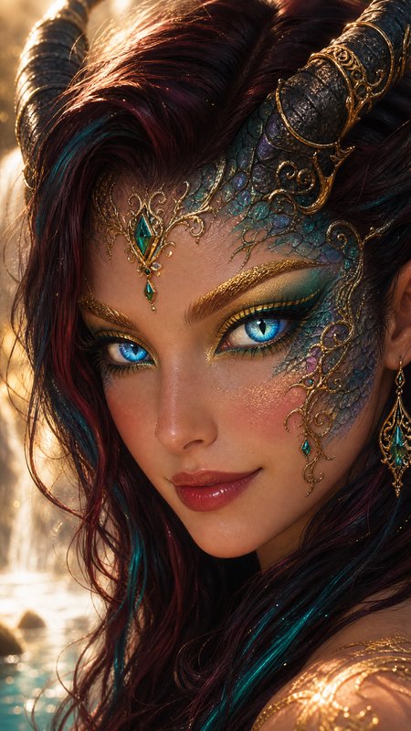 Close-up portrait of a fantasy horned dragon woman with iridescent facial scales and bright blue eyes