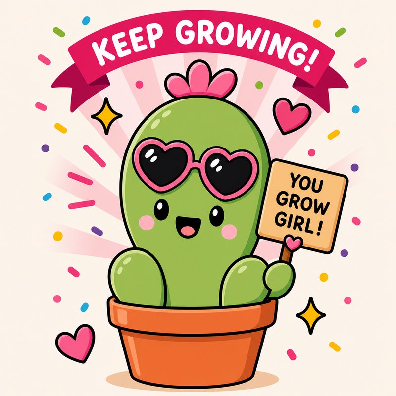 Cute kawaii potted cactus wearing heart sunglasses holds a motivational sign surrounded by celebratory confetti