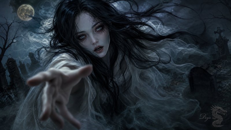 Ghostly pale woman reaches out toward the viewer from a misty full moon graveyard