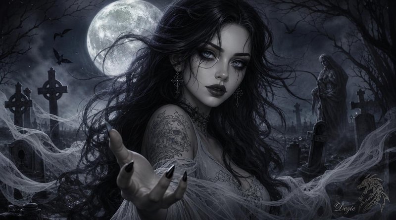 Pale gothic woman extends her hand toward the viewer from a misty full moon graveyard