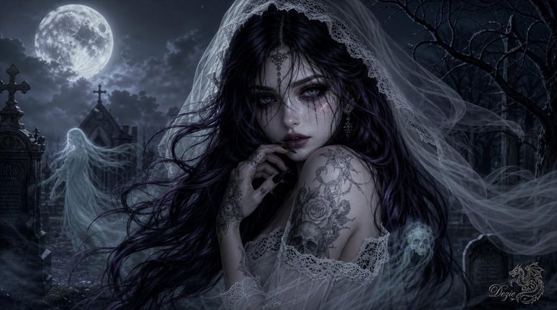 Gothic veiled bride with dark tear streaks stands in a full moon graveyard with wispy ghosts