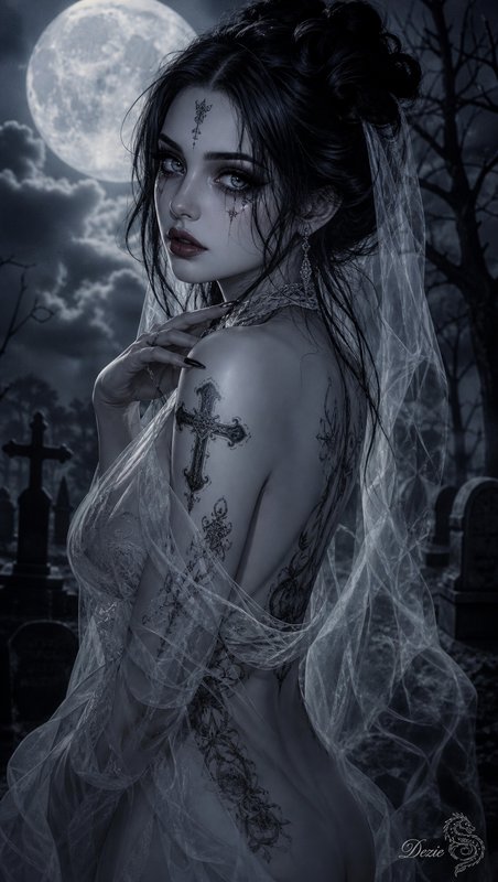 Ghostly tattooed goth bride standing in a misty graveyard under a full moon