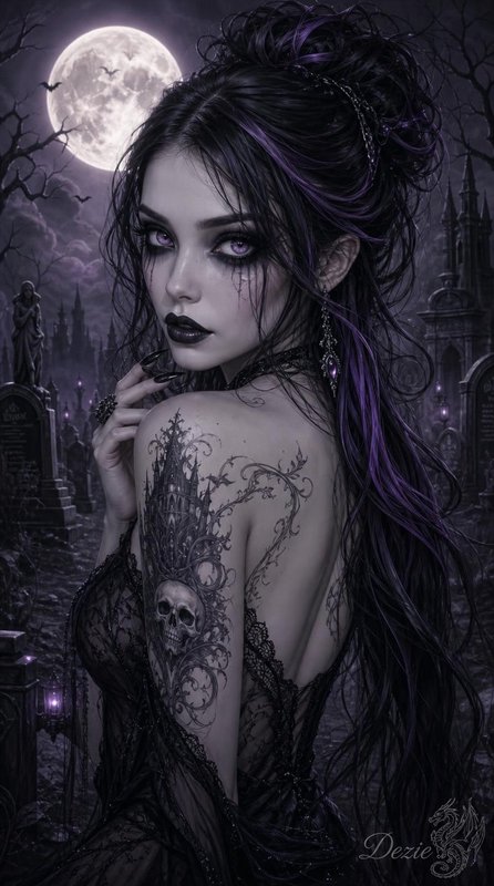 Gothic woman with purple streaked hair looks over her shoulder under a full moon in a misty graveyard.