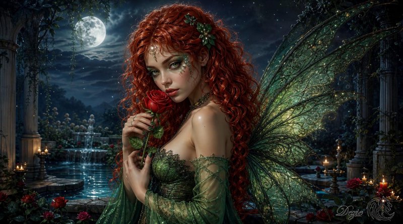 Red haired fairy with glowing green wings holds a rose in a moonlit enchanted garden