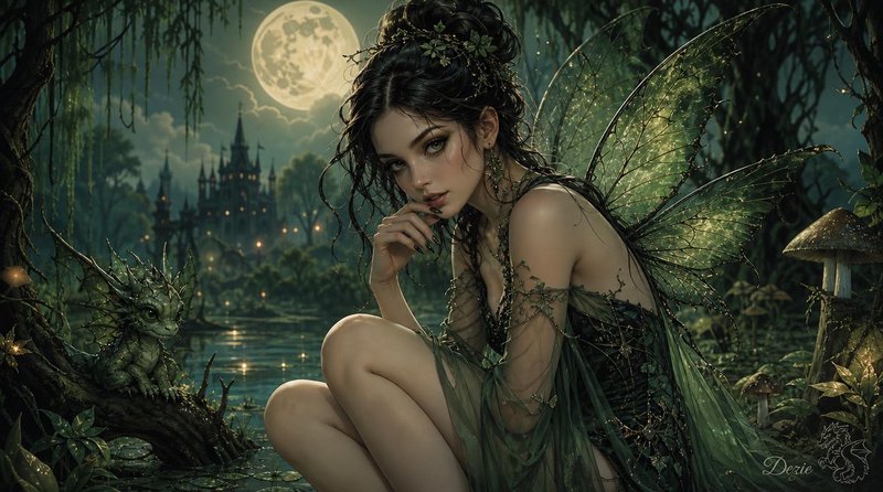 Ethereal green fairy sits pensively beside a tiny swamp dragon under a glowing full moon