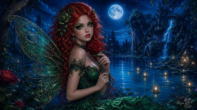 Curly red-haired fairy with filigree green wings holds a rose beside a moonlit enchanted forest lake
