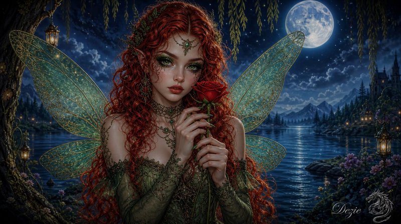 Curly red haired fairy with glittering teal gossamer wings holds a red rose beside a moonlit fantasy lake