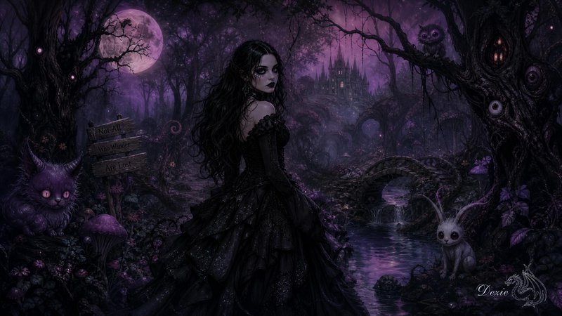 Gothic woman in an ornate black gown stands in a purple moonlit enchanted dark fantasy forest with magical creatures