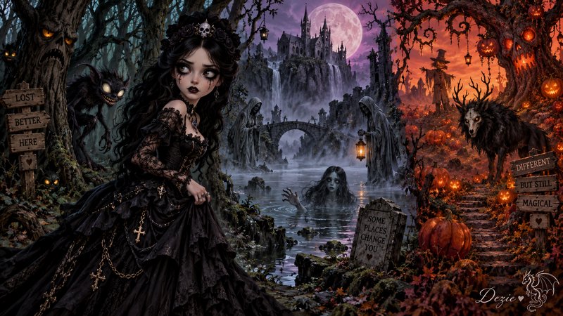 Gothic dark fantasy maiden in a black lace gown stands in a spooky Halloween landscape under a full pink moon