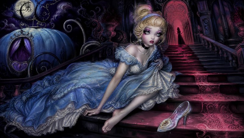 Dark fantasy Cinderella sits on ornate red stairs beside her discarded glass slipper