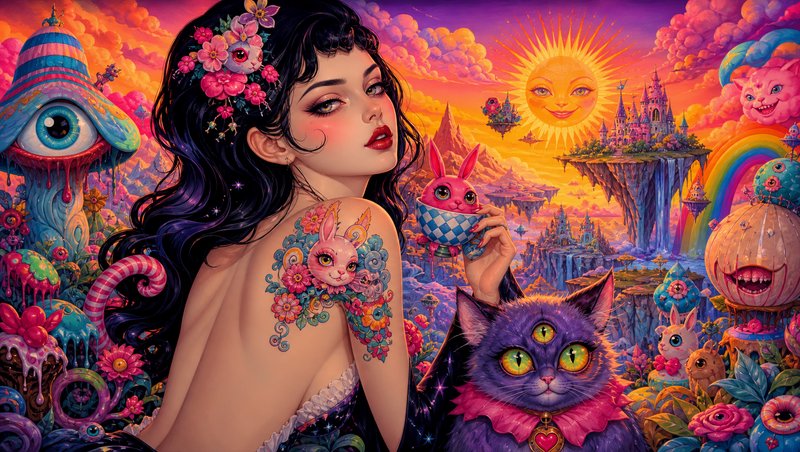 Surreal fantasy woman holding a teacup beside a three-eyed purple cat in a vibrant whimsical wonderland landscape