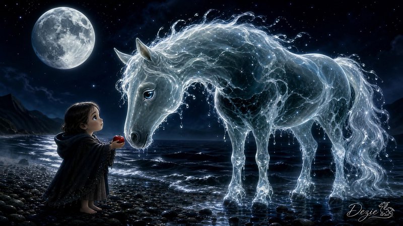 Young cloaked child offers a red apple to a translucent water spirit horse on a moonlit pebbled s...