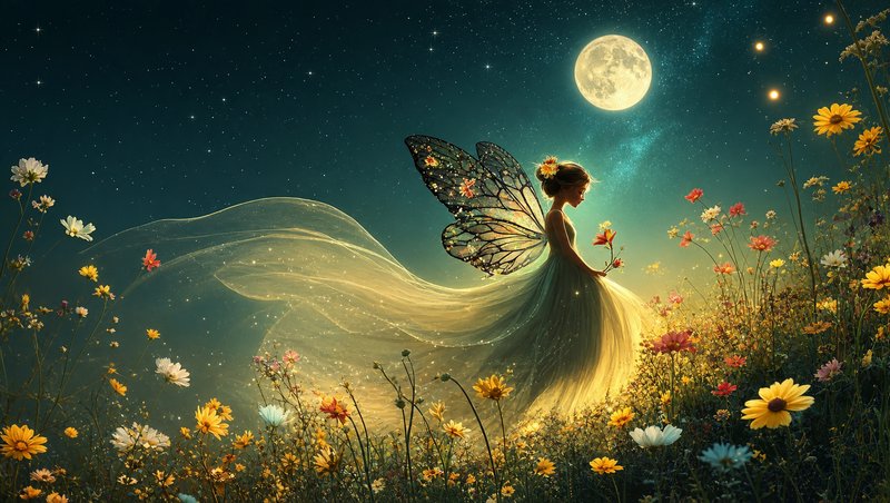 Delicate winged fairy stands in a wildflower meadow beneath a bright full moon on a starry night