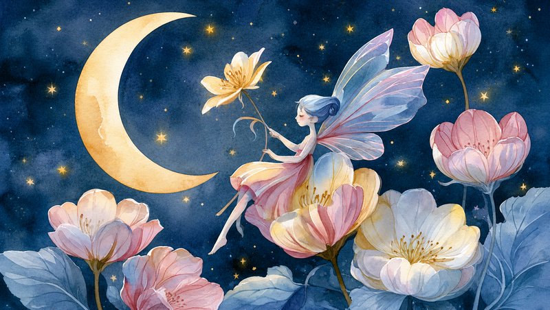 Delicate winged fairy sits among pastel blooms beneath a glowing crescent moon on a starry night sky