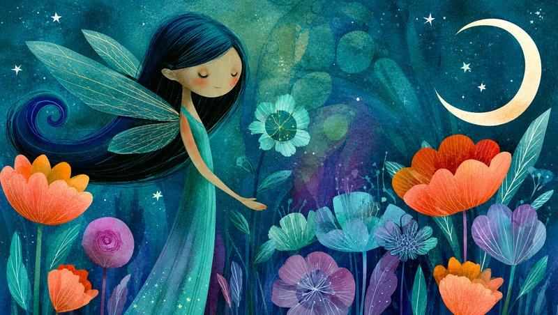 Whimsical leaf-winged fairy tends colorful blooms beneath a crescent moon in a starry night garden