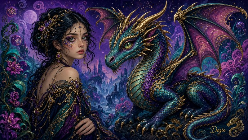 Ethereal robed fantasy sorceress sits beside an ornate jewel-toned dragon under a magical purple ...