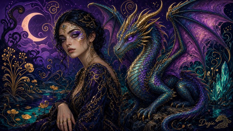 Elegant fantasy enchantress sits beside a jewel-toned dragon under a glowing crescent moon