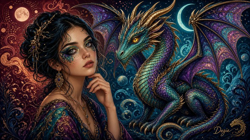 Ethereal fantasy sorceress sits beside a shimmering jewel-toned dragon under a split dual moon sky