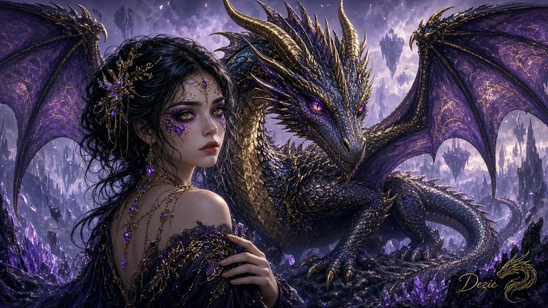 Jeweled dark-haired fantasy sorceress stands beside an ornate purple and gold dragon in a crystal...