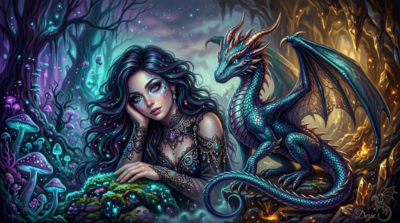 Enchanted dark-haired fantasy woman rests beside a shimmering teal dragon in a glowing magical ca...