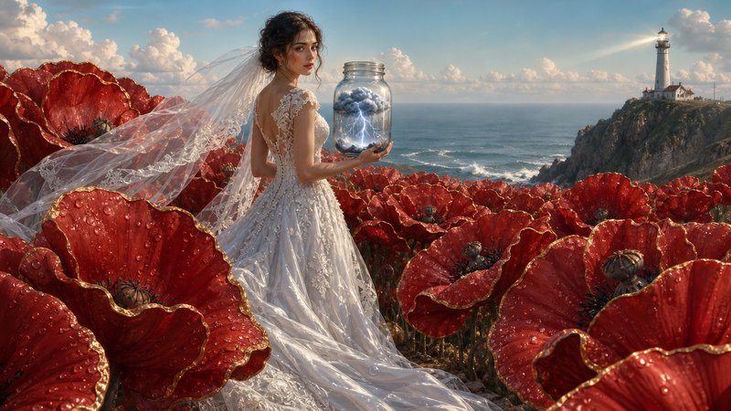 Bride holding a lightning jar stands in a giant red poppy field overlooking a coastal lighthouse