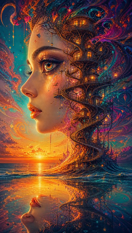 Surreal female profile portrait where hair transforms into a glowing treehouse tower above a suns...