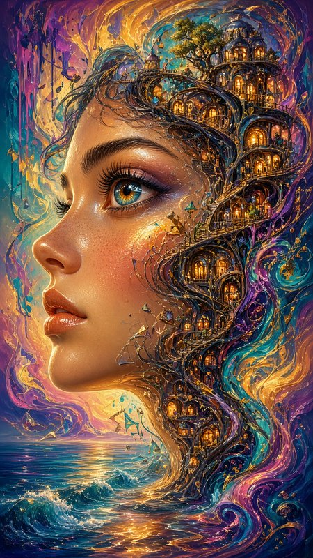 Surreal profile portrait of a woman with a glowing fantasy village built into her hair above a gl...