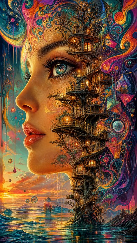 Surreal double exposure of a woman's profile merging with a glowing treehouse tower and psychedel...