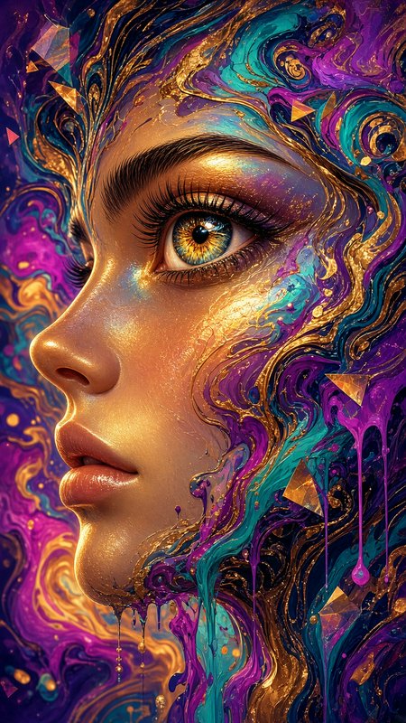 Surreal closeup profile of a woman with swirling gilded purple and teal fluid art framing her face