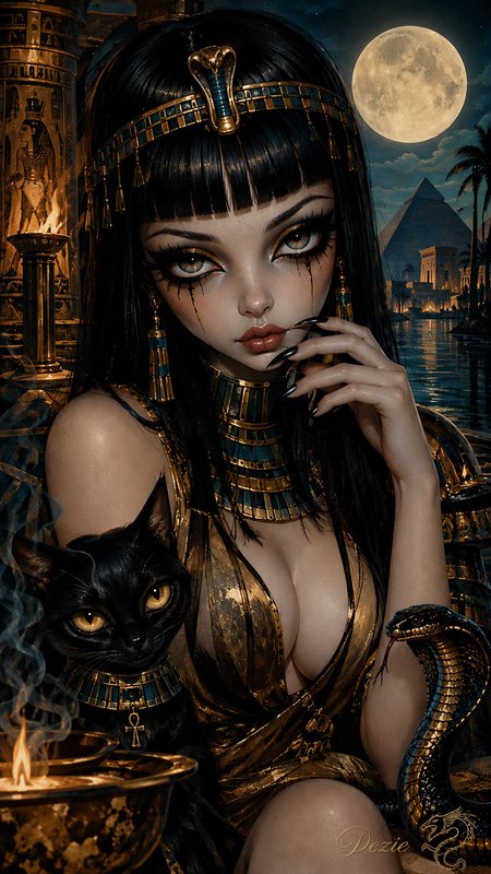 Stylized Egyptian queen Cleopatra with sacred black cat and cobra against a moonlit pyramid river...