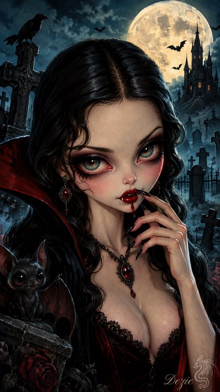 Stylized big-eyed vampire countess stands with a pet bat in a moonlit gothic graveyard at night