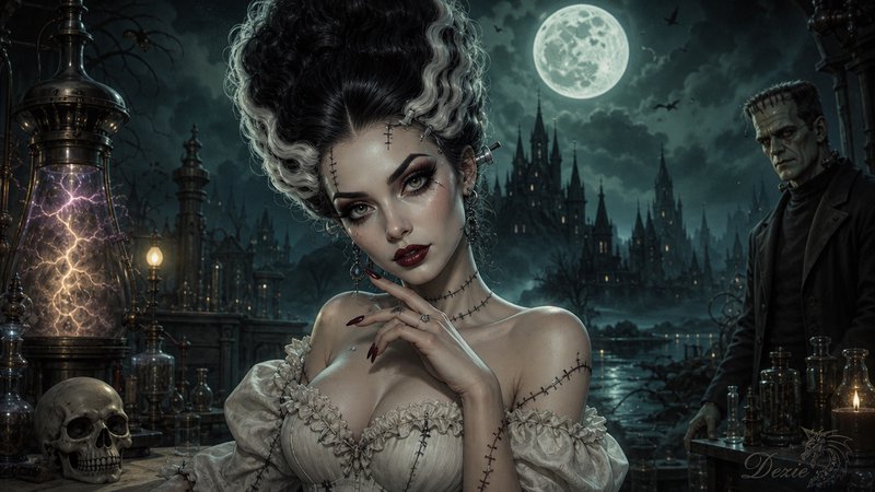 Bride of Frankenstein poses in a gothic mad science lab with Frankenstein's monster under a glowi...