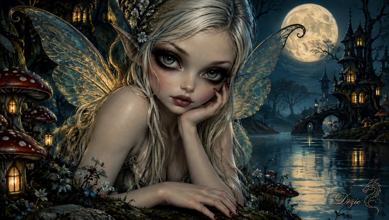 Pensive blonde fairy with iridescent gilded wings rests on the shore of a moonlit enchanted fae v...
