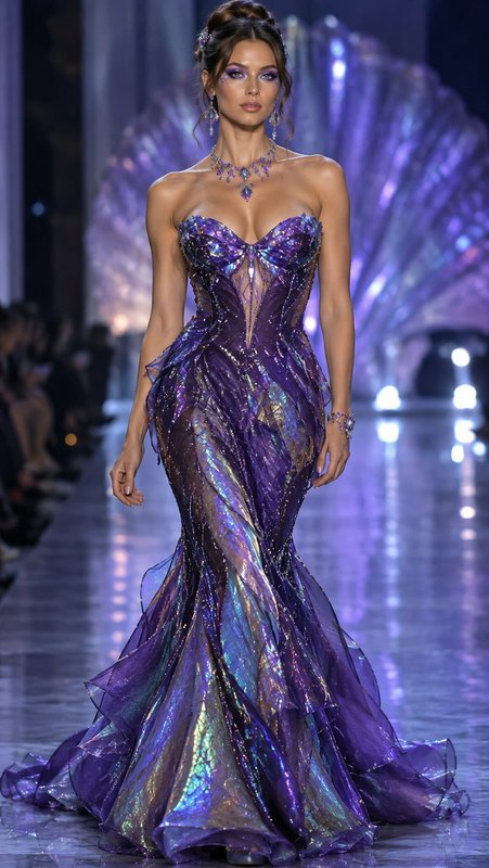 Model walks a high fashion runway wearing a shimmering iridescent purple crystal mermaid gown