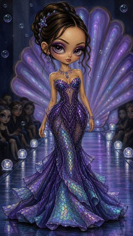 Chibi model in an iridescent purple mermaid gown walks a glowing underwater fashion runway
