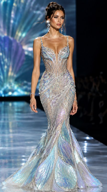 Model walks a glossy fashion runway in a shimmering iridescent mermaid couture gown