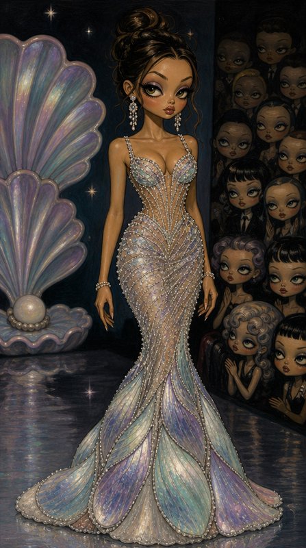 Big-eyed stylized illustration of a glamorous woman in a beaded iridescent mermaid gown next to a...