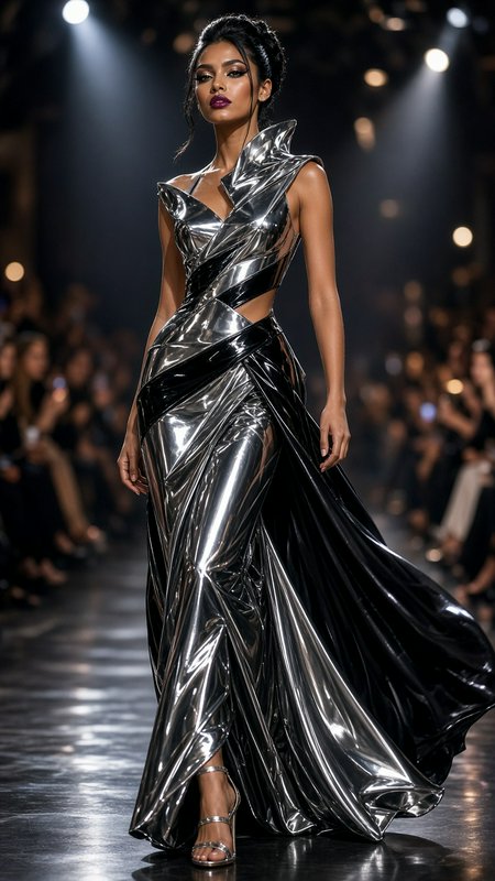 Fashion model walks a runway wearing a dramatic metallic silver and black couture gown under stag...