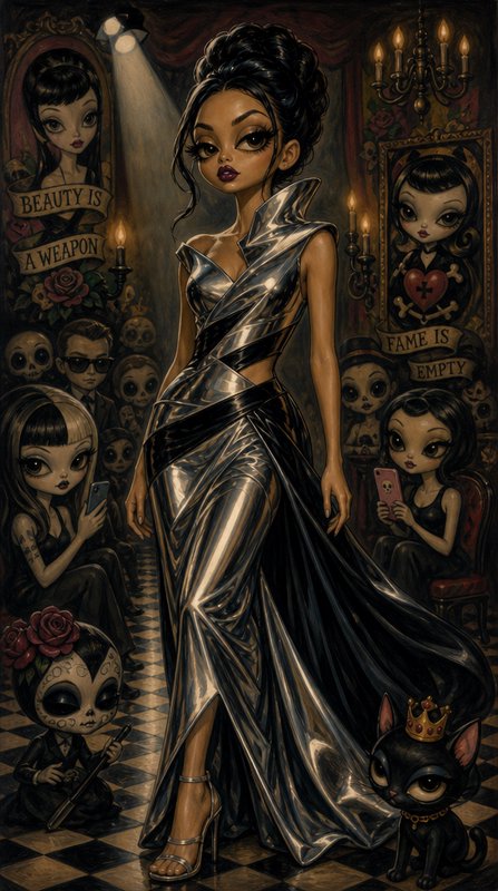 Big-eyed pop surrealism illustration of a glamorous woman in a metallic gown surrounded by gothic...