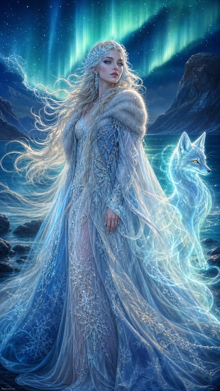 Ice queen in an icy embroidered gown stands with a glowing spirit arctic fox beneath swirling aurora borealis