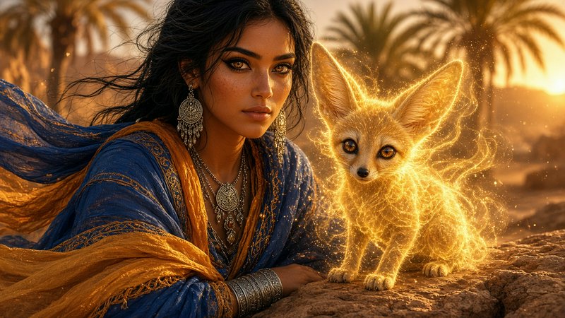 Mystical desert woman rests beside a glowing enchanted fennec fox at golden oasis sunset