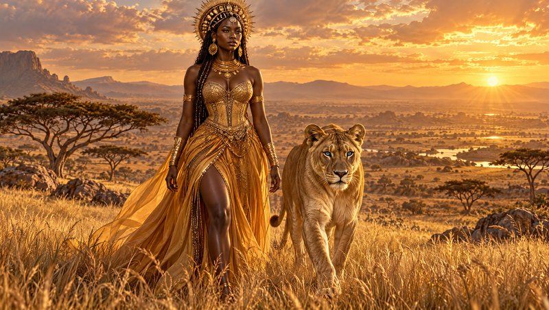Regal Black queen in golden regalia walks beside a blue-eyed lioness across savanna grasslands at...