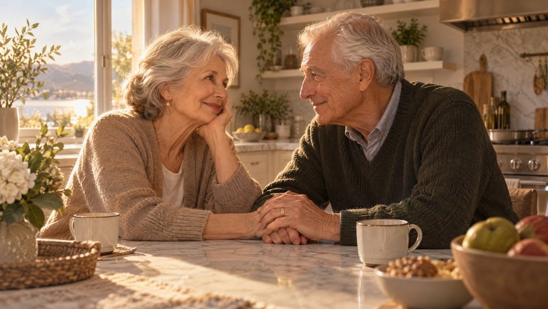 Senior couple holds hands and smiles tenderly at each other across a sunlit kitchen table