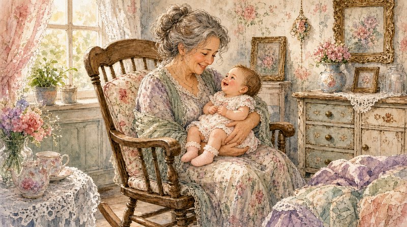 Smiling elderly grandmother holds a happy baby while seated in a vintage floral rocking chair in ...