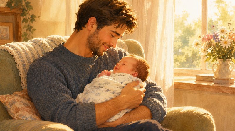 Smiling young father holds his swaddled newborn baby while seated in a sunlit cozy armchair
