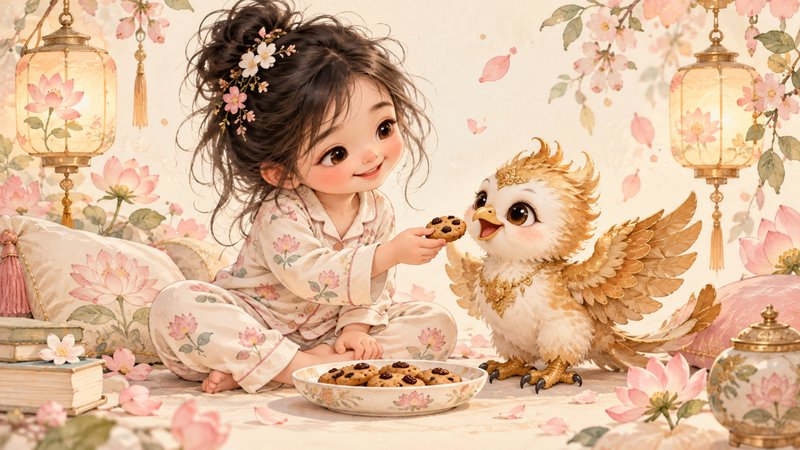 Chibi girl in floral pajamas offers a chocolate chip cookie to a fluffy golden baby griffin