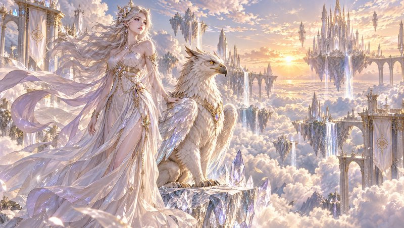 Ethereal elven queen stands beside a regal white griffin overlooking floating sky castles above a...