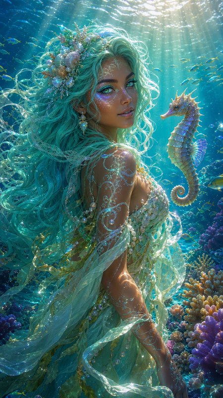Ethereal sea goddess with turquoise hair floats beside a seahorse in a sun-dappled underwater cor...