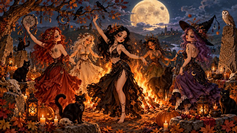 Coven of witches dancing around a glowing bonfire under a full moon during a magical autumn Samha...